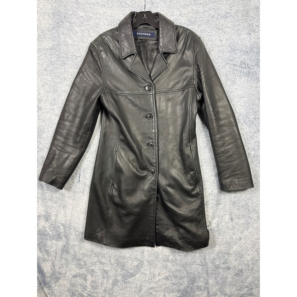 Dockers Womens M Black Lamb Leather Long Jacket Car Coat 90s Matrix Grunge